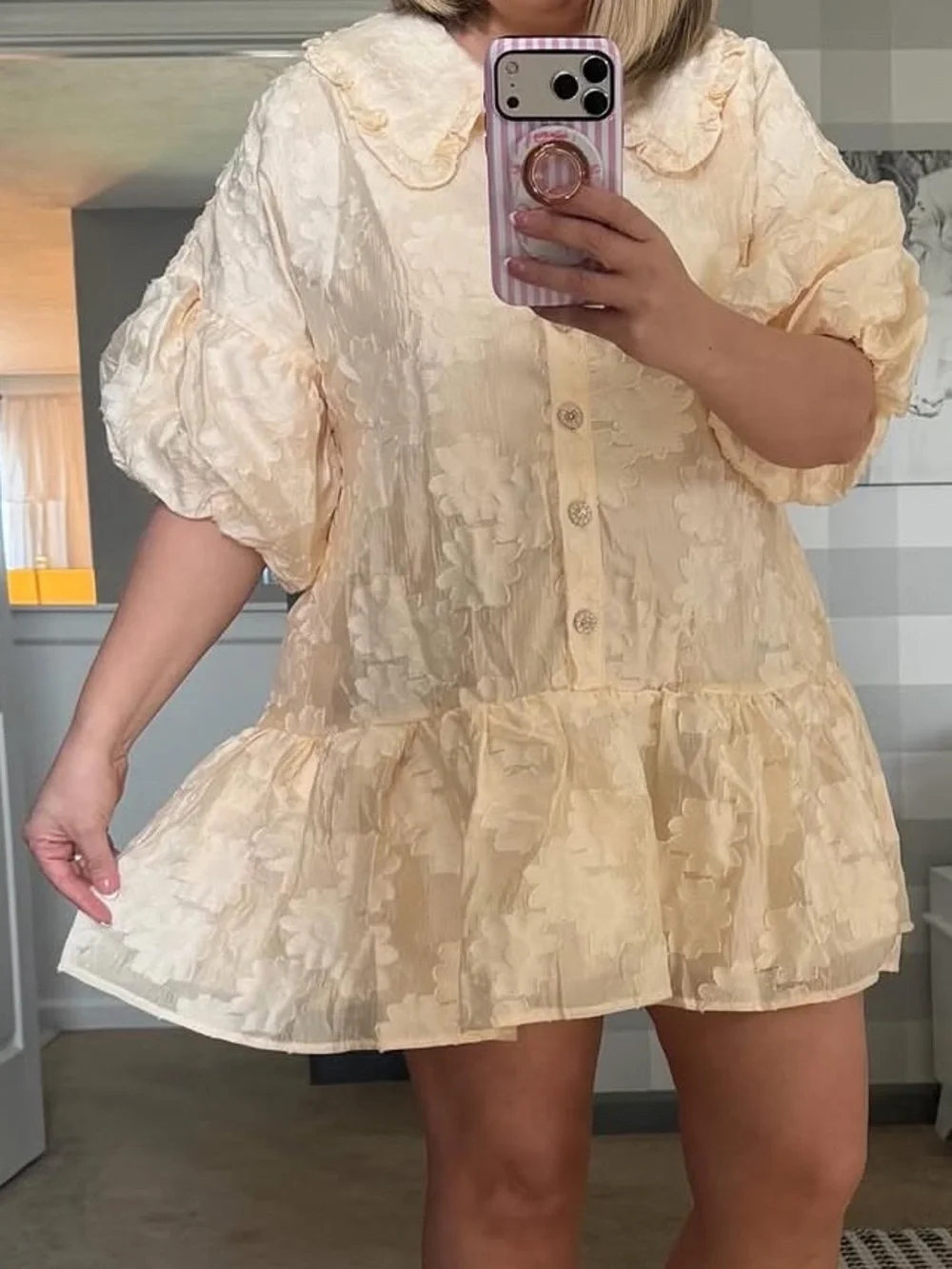 Cream Textured Ruffle Mini Dress - Picture 3 of 4